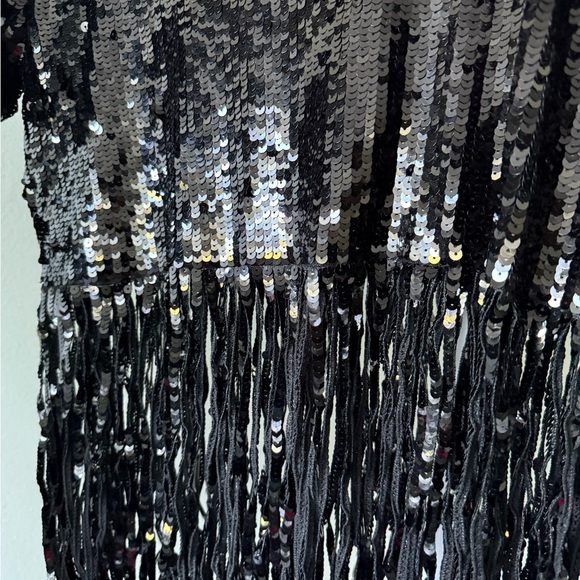 Zara Black Sequin Short Sleeve Top-Black round neck- sequin fringe hem-Size S - Picture 4 of 5